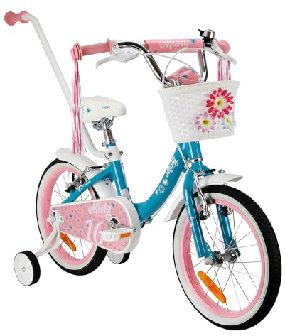 MIRAVO Kinderfahrrad 16 Zoll für Mädchen von 4-6 Jahren mit Stützrädern und Schubstange - Leichtes Fahrrad für Kinder mit Korb - 8 kg - Aluminiumrahmen - V-Brake Bremsen - Misty Türkis