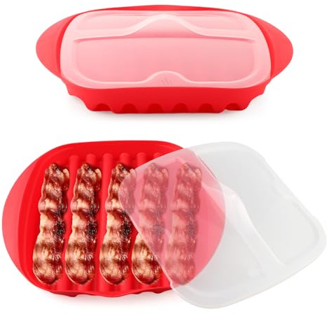 Microwave Bacon Tray with Splatter Lid, Microwave Bacon Cooker Maker, Quick and with No Mess, Make Crispy Ba con in Few Minutes, Grooved Cooking Tray for Kitchen Gadget (28×25×5CM)