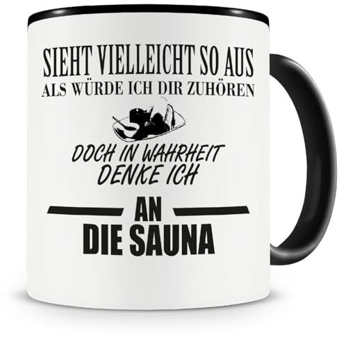 Samunshi® Ich denke an die Sauna Tasse Kaffeetasse Teetasse Kaffeepott Kaffeebecher Becher 300ml schwarz