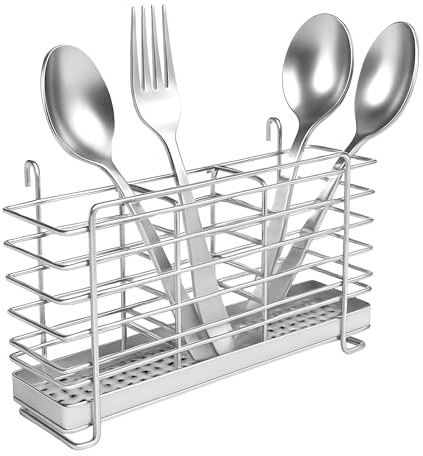KESOL 304 Stainless Steel Utensil Drying Rack with Hooks & 3 Divided Compartments, Silverware Drying Basket, Spoon and Fork Organizer, Rustproof Kitchen Drainage Basket Accessories, Silver, 2x8.7x5
