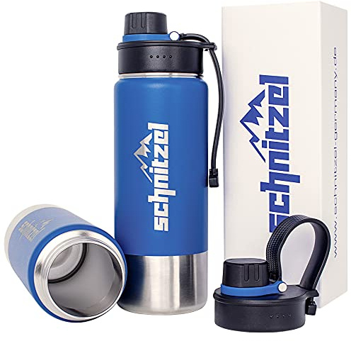 SCHNITZEL UJO Trinkflasche Edelstahl 500 ml BPA FREI | Kinder Thermoflasche auslaufsicher isoliert doppelwandig rostfrei mit Henkel spülmaschinenfest | Indoor Outdoor (500 ml, Blau)
