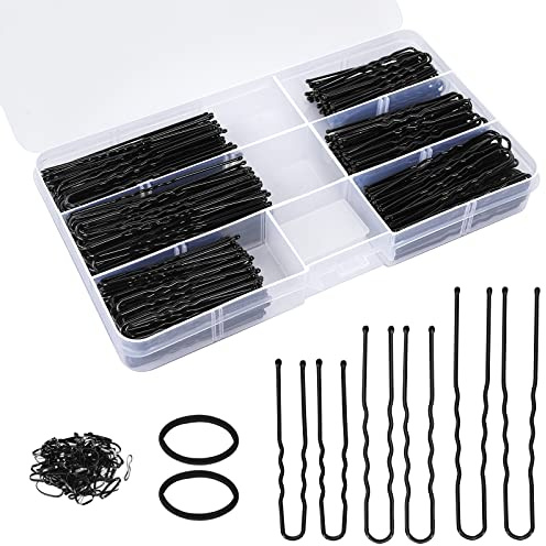 300Pcs U-Shaped Hair Pins Set for Women, Kids & Girls: 2.8IN, 2.4IN, 2IN Bobby Bun Pins with Storage Box, 2 Thick Seamless Hair Ties & 50 Elastic Hair Bands for All Hair Types, Black