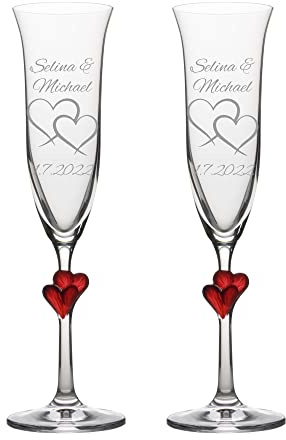 laser-diele Sektgläser mit Gravur - Geschenk zur Hochzeit - Personalisierte Sektgläser – Geschenke für Paare – L'Amour (Zwei Herzen)