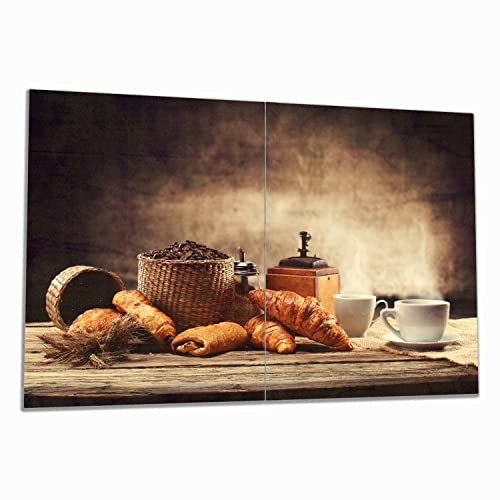 Wallario Herdabdeckplatte/Spritzschutz aus Glas, 2-teilig, 80x52cm mit 8 mm hohen Füßen, für Ceran- und Induktionsherde, Französisches Frühstück mit Café und Croissants