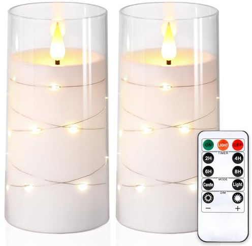 NURADA Flickering Flameless Candles: Built-in Star String Lights, Acrylic Battery Operated LED Pillar Candles with Remote and Timer for Romantic Mood Home Decoration - 2 Pack Pure White