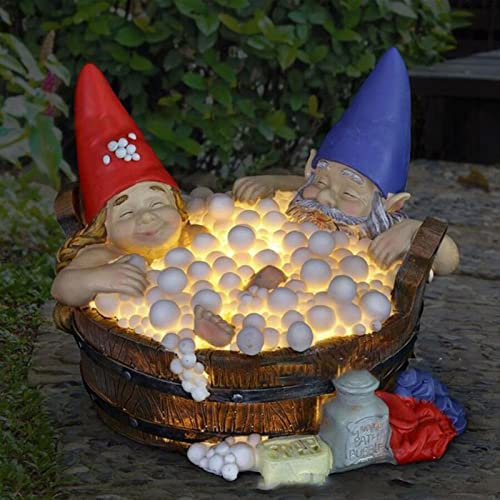 FIYSON Outdoor Solar Garden Gnomes,Waterproof Kiss Couple Gnome Statue Garden Ornaments,Bubble Bath Garden Gnomes,LED Solar Powered Lights Resin Statue for Patio Lawn Porch Garden Home Decor (Solar)