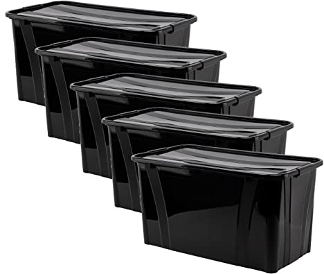 goodsforbusiness Aufbewahrungsbox mit Deckel 5er Set, 38,5x24,5x11,1cm, 80L | Transportbox Lagerbox Lebensmittelbox Kunststoffbehälter Wäschebox, schwarz, lebensmittelgeeignet, stapelbar