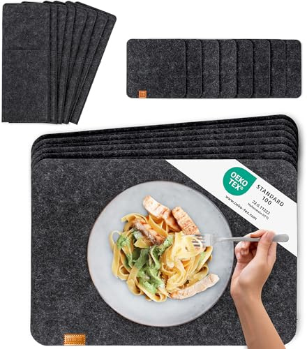MIQIO Tischset aus Filz - 24er Tisch Untersetzer-Set - Filz Tischset abwaschbar - 8 Platzsets, Glasuntersetzer, Bestecktaschen | dunkelgrau | Filzuntersetzer eckig - Platzdeckchen für Weihnachten