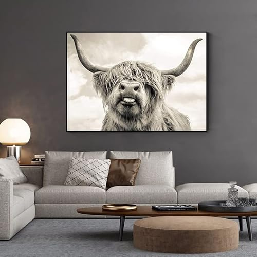 LPFNSF Höglandsboskap bilder, Highland Cow canvasmålning, Väggdekor Tavlor sovrum, gräsmark djur dekoration, ingen ram. (60 x 90 cm, A)