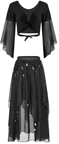 iiniim Femme Ensemble Danse du Ventre Orientale Paillette Brillant Costume Belly Dance Haut Et Jupe Tenue Performance Dancewear Noir Taille Unique