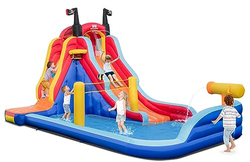 COSTWAY 5-in-1-Hüpfburg im Piratenthema mit Rutsche, Planschbecken, Wasserkanone, Basketballkorb & Kletterwand, Wasserpark für den Hinterhof, 484 x 271 x 263 cm