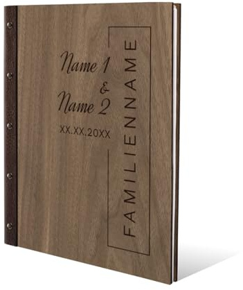Kartenmachen.de Personalisiertes Stammbuch Hochzeit aus echtem Holz mit Leder Rücken A5 oder A4 inkl. vorgedruckten Seiten - Familienname