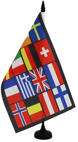 AZ FLAG Drapeau de Table Pays d'Europe 21x14 cm Socle Plastique | Usage intérieur Drapeau de bureau européen finition cousue et bords renforcés avec mât en plastique et socle en plastique