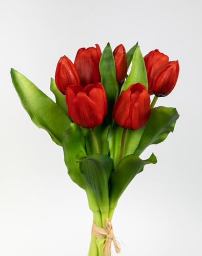 Tulpenbund Nature Real Touch 32x24cm mit 7 Blüten LM Kunstblumen künstliche Blumen Tulpen (Rot)