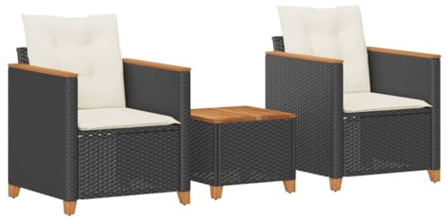vidaXL Bistro Set 3-TLG., Balkonset mit Kissen, Sitzgruppe für Garten Terrasse Balkon, Gartenmöbel 2 Stühle 1 Tisch, Balkonmöbel Gartenset, Schwarz Poly Rattan Akazienholz