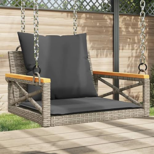 Rantry Schaukelbank mit grauen Kissen, 63 x 62 x 40 cm, aus Polyrattan, Bank für Balkon, Terrasse, Garten F1