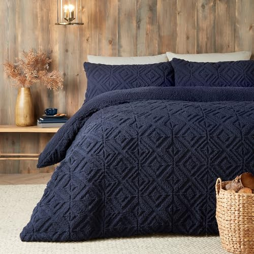 Fusion - Copripiumino in pile Teddy blu navy - Letto matrimoniale (200 x 200 cm) - Design reversibile - Copripiumino jacquard blu scuro - Biancheria da letto trapuntata quadrata geometrica - morbido e