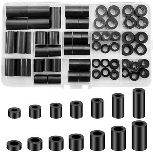 gaoduanluoluo 90 Piezas Arandelas Espaciadoras Redondas, M6 M8 Tornillos de Nylon Espaciador Aislante, No Roscado Espaciadores de Soporte de Columna, Arandelas de Plástico con Caja (Negro)