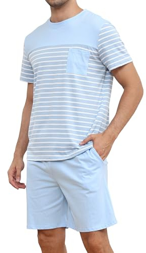 Reliwel Pyjama Homme Court Coton Ete Rayures Ensembles de Pyjama Short Homme à Col Rond Pyjamas à Manches Courtes pour Hommes Vêtements de Détente Homme Pijama Courte Hommes Deux Pièces