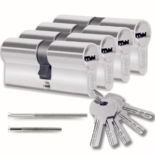 Set of 4 45/45 mm Lock Cylinders with Single Keyed, Double Lock Cylinders, 8 Screws, Easy Installation, Universal Keys for All Cylinders, Length 90 mm