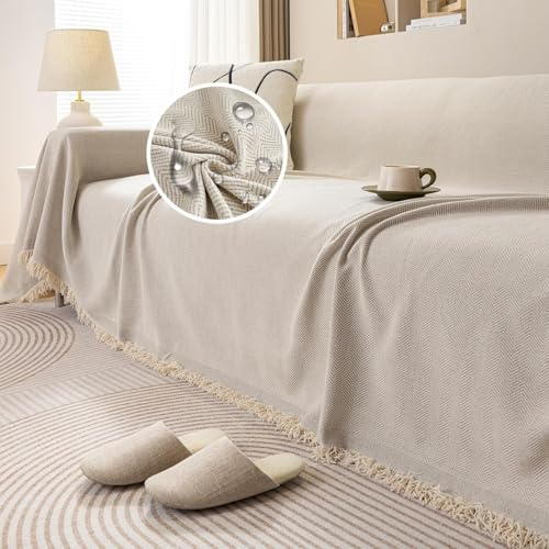 JIcloun Beige Sofa überwurfdecke L Form Große 1 2 3 4 Sitzer Sofadecke Kuscheldecke Chenille Couch Überwurf Tagesdecke mit Fransen, Wasserdicht 180x180cm