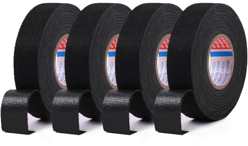 Criveple 4 Piezas Cinta Adhesiva De Tela Aislante, Cinta Eléctrica para Arneses de Automoción, Cinta Aislante Negra, Arnés de Cables Alta Temperatura para Motocicleta Automóvil y Hogar (19mm x 15m)