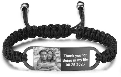 INBLUE Bracelet Personnalisé pour Homme Gravure Texte/Photo Ajustable Bracelet de Corde Tressée Fait Main pour Couple Bracelet Personnalisable Bijoux Cadeau pour Saint Valentin Anniversaire