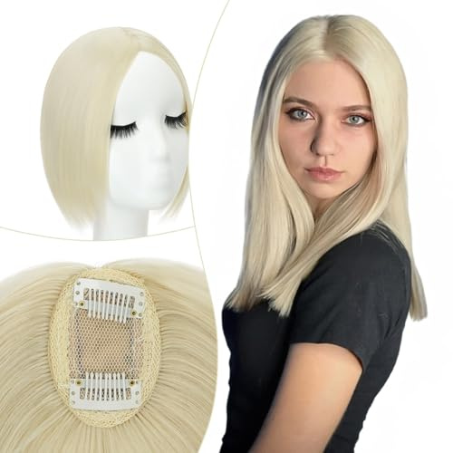 Elailite Hair Topper Donna per Capelli Biondo Platino, 2 Clip in Posticci Middle Parting Toupet Toupee Protesi (Base 7.5cm*5cm) Lunghi 25cm Pesa 30g