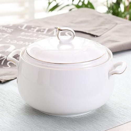 DOPZNJWF Zuppiera in Ceramica con Coperchio, Alimentatore da 3 Litri di Grande capacità con Doppi Manici per Cucina, Porcellana, Bianco Puro, Forno A Microonde E Lavabile in Lavastoviglie,d'oro