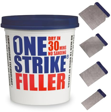 Everbuild 1 LTR One Strike Wood Filler White + Stainless Steel Scrapers (4 Sizes) | Wall Filler Ready Mixed for Holes, Polyfilla & Decorating Tool Bundle