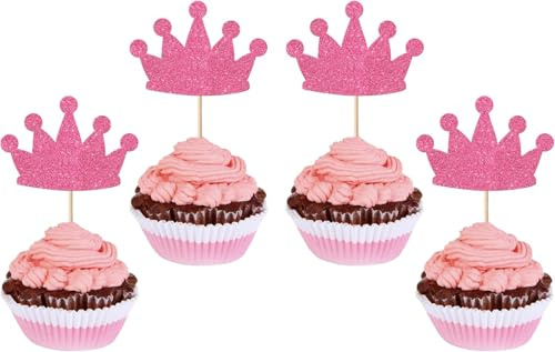 24 Stück Krone Tortendeko Glitzer Prinzessin Thema Cupcake Toppers Mini Krone Kuchen Deko für Baby Dusche Prinzessin Thema Geburtstag Hochzeit Party Kuchen Dekorationen Rosa