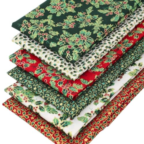 6 Fat Quarters Bundle - 'Jolly Christmas Holly' Festive Fabrics in Red, Green, Ivory & Gold. 100% Cotton Ideal For Xmas Quilting, Patchwork & Crafting (with free patchwork pattern by Overdale Fabrics)