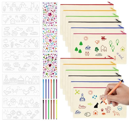 Anstore 12 Stück Stoffbeutel zum Bemalen für Versammlung, DIY Blanko Stoff Federmäppchen um Bemalen mit 12 Buntstiften, 10 Schablonen Malen, 3 Blatt Glitzersteine, Bastelset Geburtstag (21x12cm)