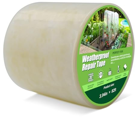 Baiyouli Ruban Adhésif Réparation Serre 10cm x 25m Transparent Étanche, Ruban de Réparation Bâche Anti-UV Anti-Vieillissement pour Tunnel Serre Tente Auvent
