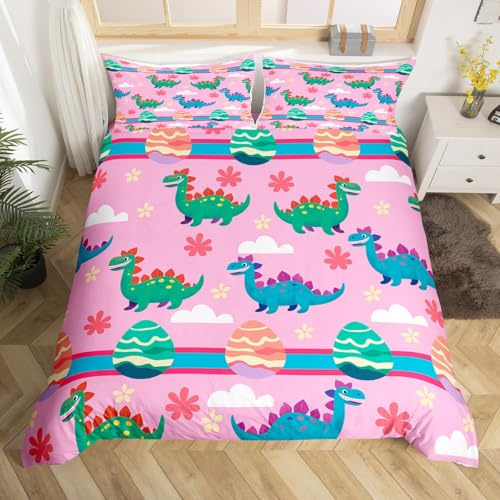 Cute Dino Duvet Cover Set Full Size,Kawaii Wild Animal Floral Cloud Reversible Quilt Cover with 2 Pillowcases,Green Blue Dinosaur Pink Breathable Bedding Set (NO Comforter), Soft