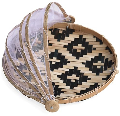 Tente alimentaire, panier de fruits en bambou de 14 pouces avec couvercle en maille, contenant rangement couverture pain à pain à fruits rond poussière pour pique-nique, voyage cam