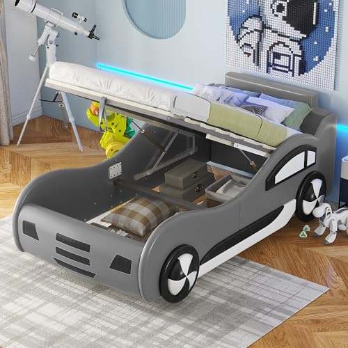 TOBIDOEN Kinderbett Autobett 90x200 cm mit Unterbettstauraum und Lattenrost, Auto-Modellbett Kinder Spielbett für Kinderzimmer, Ohne Matratze, PU-Stoffe (Grau)