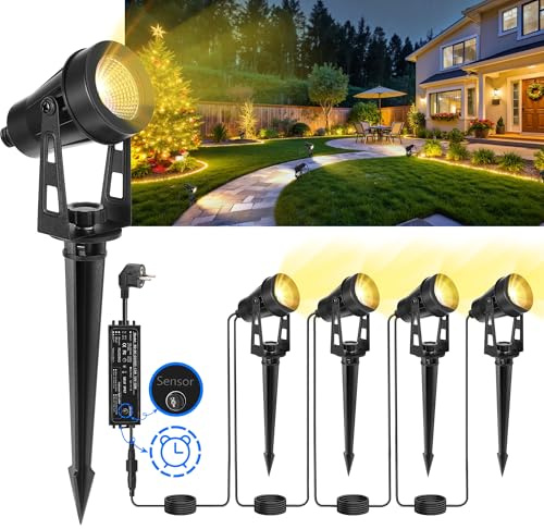 LAMPELIP Faretti da Giardino, 4 Pezzi/14M Faretti da Esterno Giardino con Funzione di Timer e Sensore di Luce, 3000K Bianco 12V IP65 Impermeabile, Illuminazione Giardino per Sentiero, Patio, Alberi
