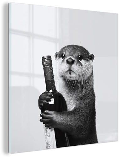 MuchoWow© Glasbild Wall Art Decoration Bilder für die Wand Schlafzimmer | 20x20 cm - Deko Canvas Painting Wanddekoration Wohnzimmer Weinflasche - Otter - Schwarz