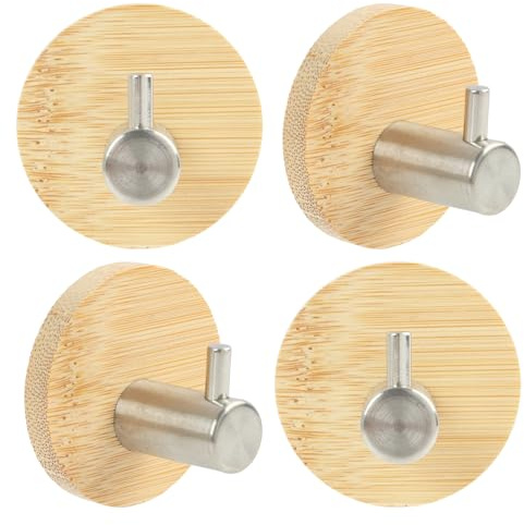 4 Pièces Crochet Adhésif Mural en Acier Inoxydable et Bambou Ultra Solide pour Cuisine et Salle de Bain, Porte Manteau Mural Sans Percage et Accroche Serviette Salle de Bain Réutilisable et Durable