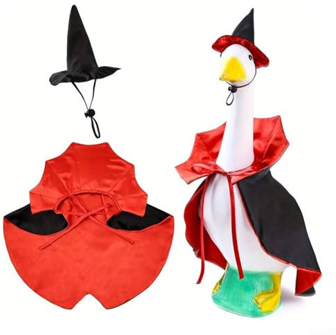 Vilgftyiet Halloween häxa outfit för 53 cm gräsmatta gås, svart och röd polyester cape och justerbar hatt, dekorativ trädgårdsgård prydnad för säsongsbetonad utomhusvisning