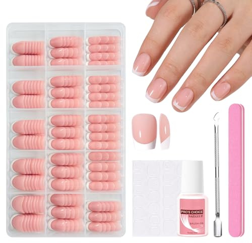 240PCS French Tip Press On Nails, Nude Pink White, Short Square | 15 Sizes, Full Cover Stick On Nails, For Office Wedding Daily Wear
