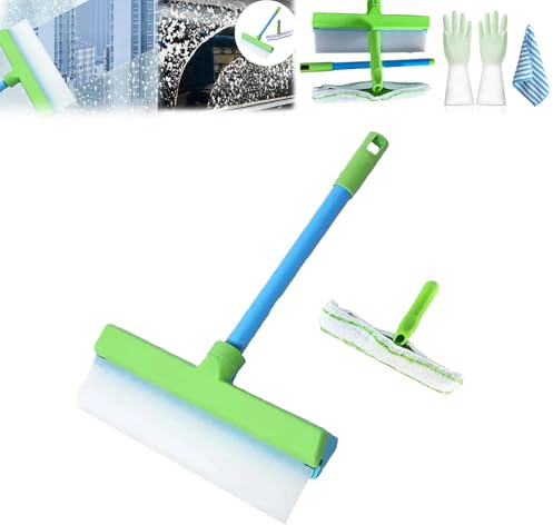 Window Cleaner, 2025 Upgrade Rotatable 3 In 1 Window Cleaner Scraper, with Recyclable Silicone Squeegee Microfiber Scrubber, for Shower Glass Mirror Door Car (Green)