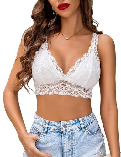 Avidlove Spitze Damen BH Sexy Everyday Bra Ohne Bügel BHS V-Ausschnitt Atmungsaktiv Bralette Vollschalen Minimizer Bras Lace BH-Unterwäsche,WeißM