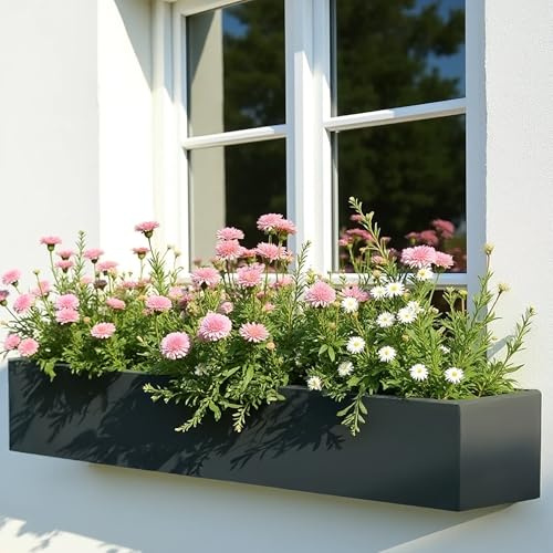 IDEALIST Plant Pots 100cm Window Box Planter, Slate Reinforced Stone, 58L | 1 Pack, L100 W24 H24 cm, Extra Large Size, Frostproof, Narrow, Drainage Holes, Lightweight, Trough, Windowsill