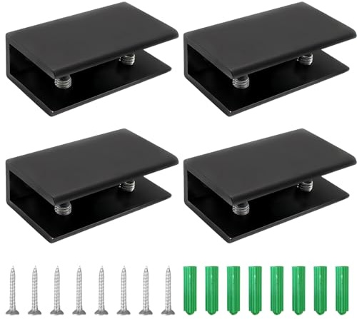 TIANLIN 4 Pièces Pince Verre Réglables, Pince à Verre en Alliage d'Aluminium Noir, avec Trous Pré-percés, pour 10-12 mm d'Épaisseur | Supports de verre en aluminium noir pour plaques de verre de 10 à 12 mm. Pour étagères dans le salon, la salle de bain