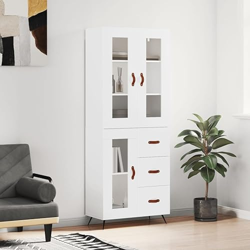 Fangmaliuyun Highboard Weiß 69,5x34x180 cm aus Holzwerkstoff mit Metallfüßen, Modernes Sideboard mit viel Stauraum, Küchenbuffet & Wohnzimmerschrank für Flur, Esszimmer & Büro