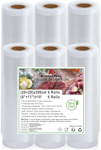 KitchenBoss Lot de 6 rouleaux d'emballage sous vide : 20 + 28 cm x 300 cm, 6 rouleaux de sacs de conservation des aliments | Rouleau de joint sous vide sans BPA, sac pour machine à emballer sous vide