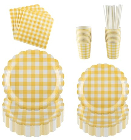 PHUNAT Lot de 25 assiettes de fête, gobelets et serviettes, comprend des assiettes en carton festonnées à carreaux jaunes (17,8 et 22,9 cm), parfaits pour les fêtes, les événements et les célébrations