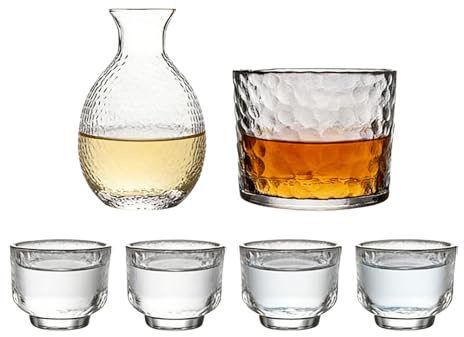 Tktouci Japanese Sake Set,Glass Japanese Heat-Resistant | Clear/Blue Sake Cup Pot Jar Set - for Restaurant Camping Dining Home Bar Party Whiskey Liquor Vodka Beer